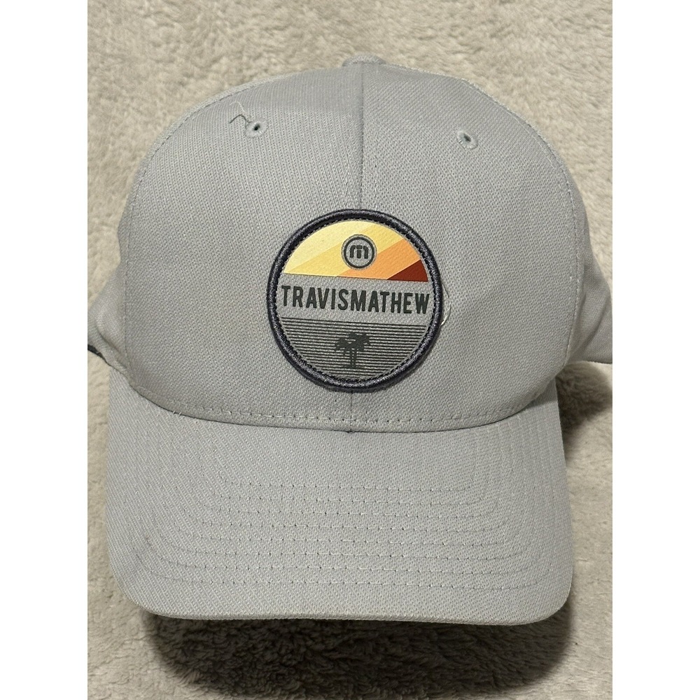 Travis Mathew Golf SnapBack Hat Round Patch Light Gray w/ Palm Tree Stripe Cap